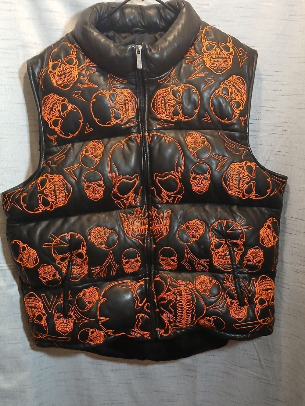 Vintage Men's Black Puffer Vest with Orange Skull Embroidery Sz 3XL